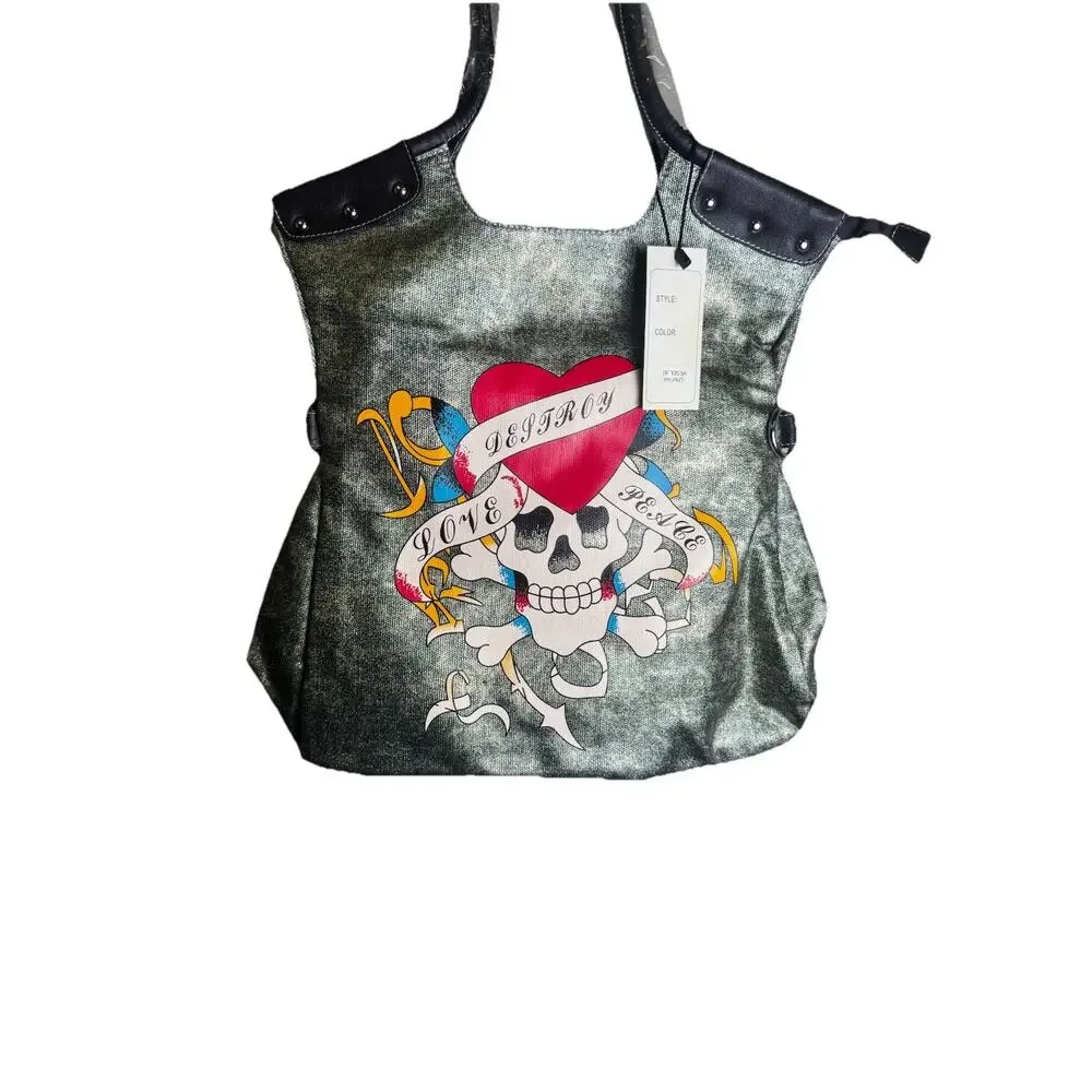 NWT Punk Rock Y2K Skull Crossbones Tattoo Tote Hobo Bag Goth Emo- Bold